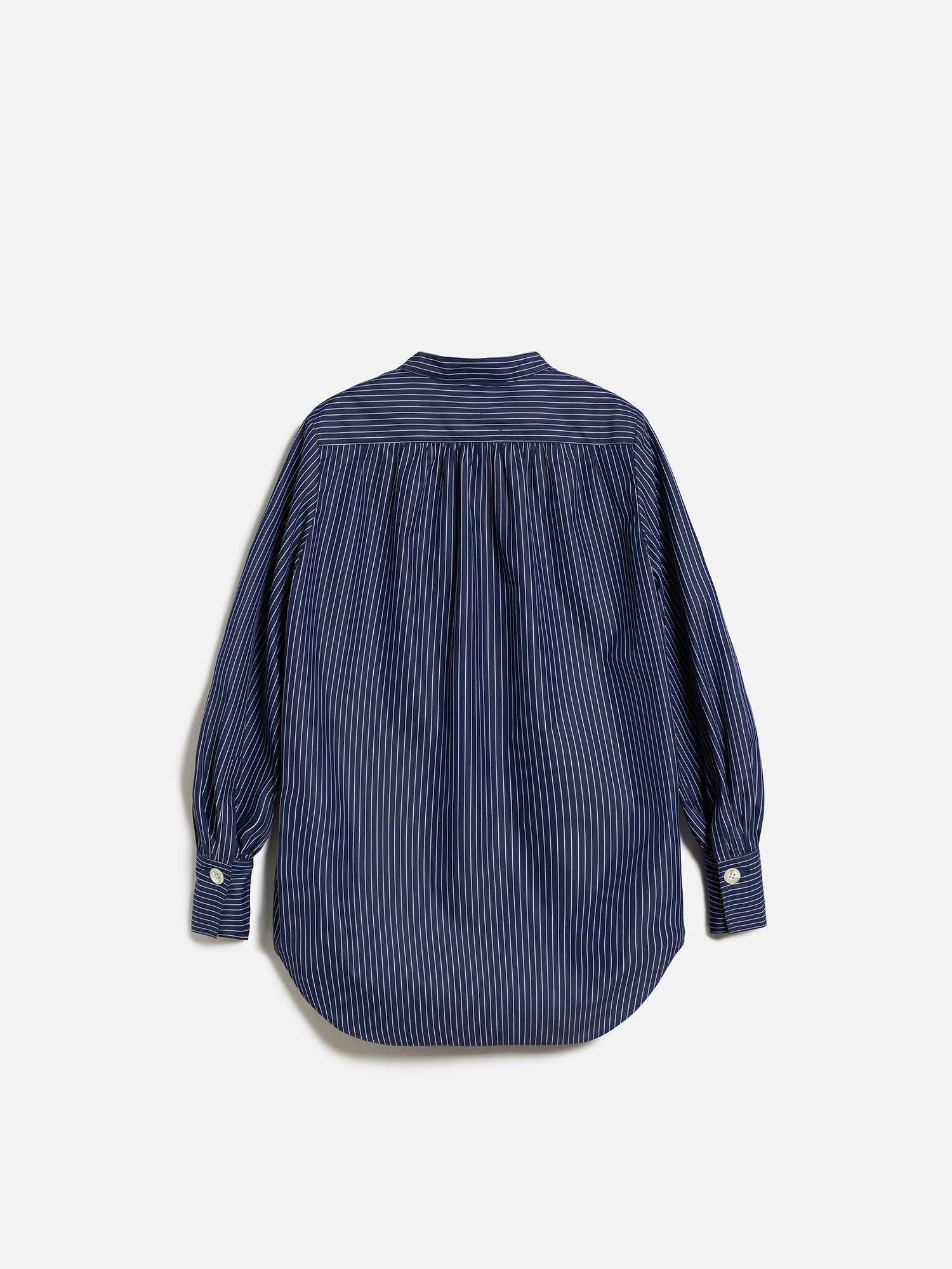 エムフィル T/Cストライプシャープ フリルブラウス ネイビー |トップス