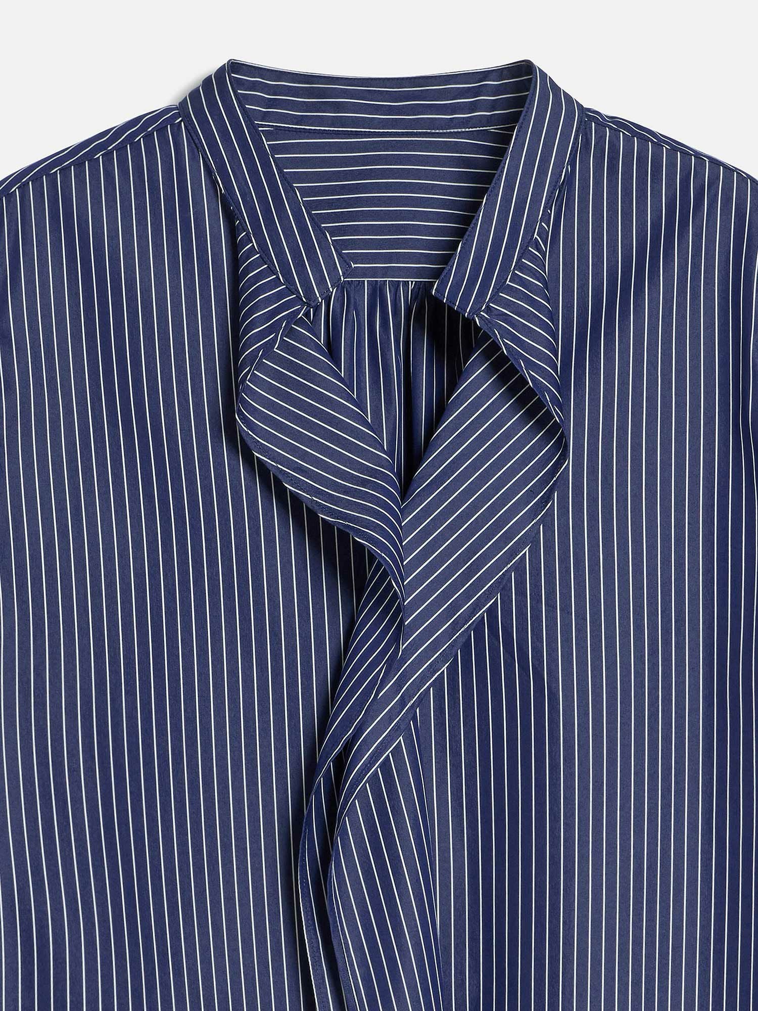 エムフィル T/Cストライプシャープ フリルブラウス ネイビー |トップス